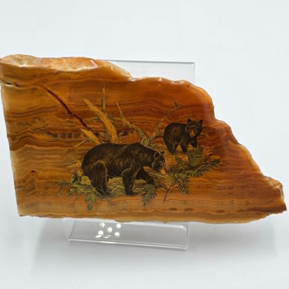 Painted Black Bear & Cub on Natural Stone Vintage Camp Cabin Lodge Wall Decor